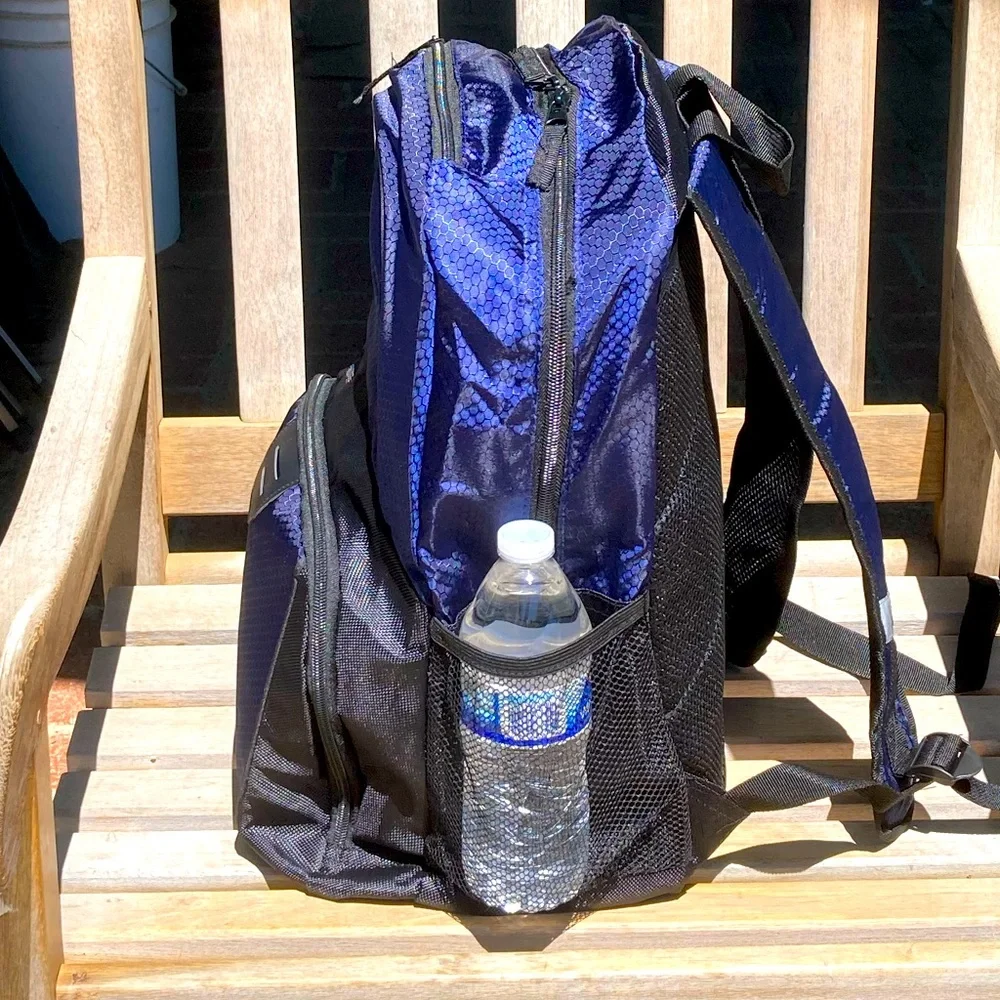Reflective Blue Backpack Black Trim Side Pockets New